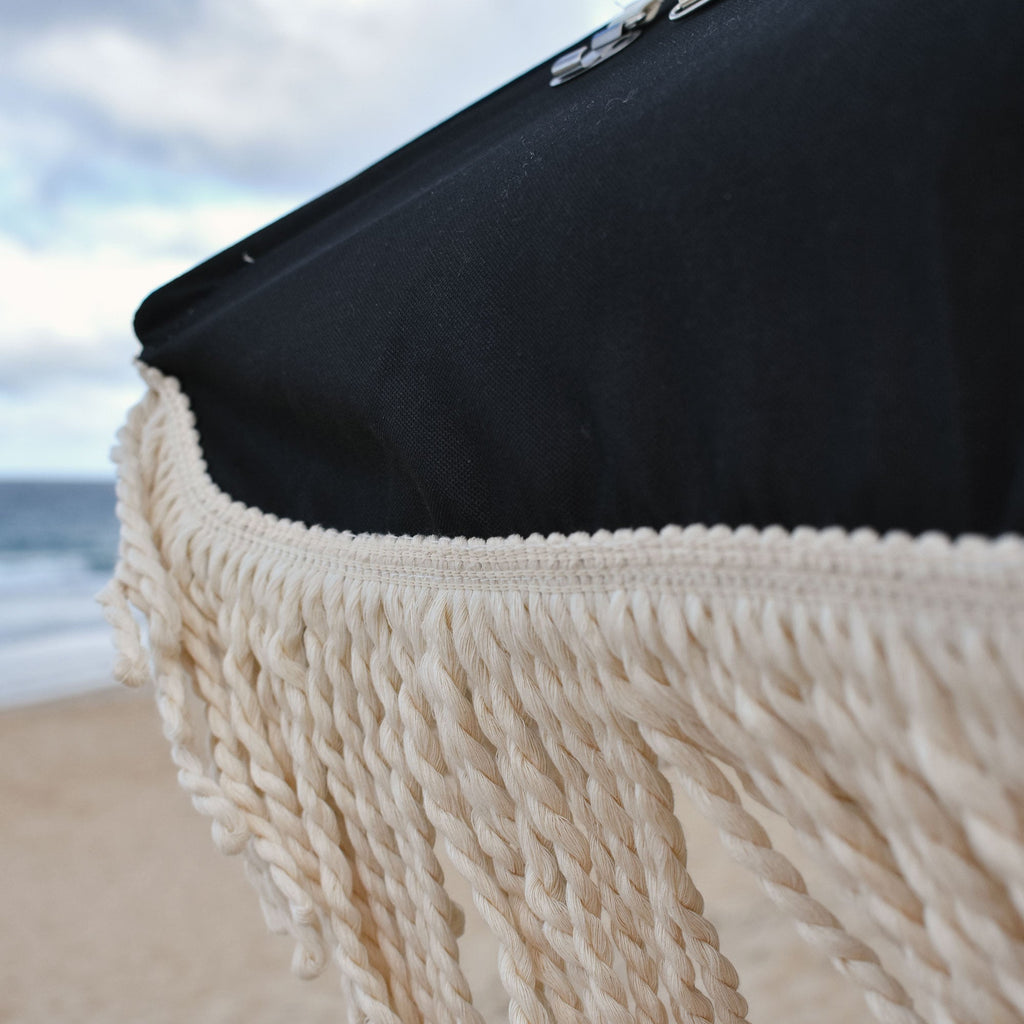 UPF50+ Premium Fringe Timber Beach Umbrella 200cm Nyx Black - Umbrella Beach