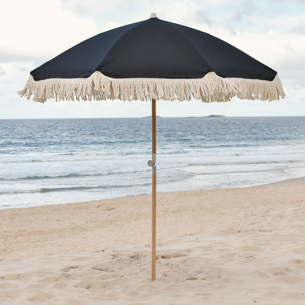 UPF50+ Premium Fringe Timber Beach Umbrella 200cm Nyx Black - Umbrella Beach