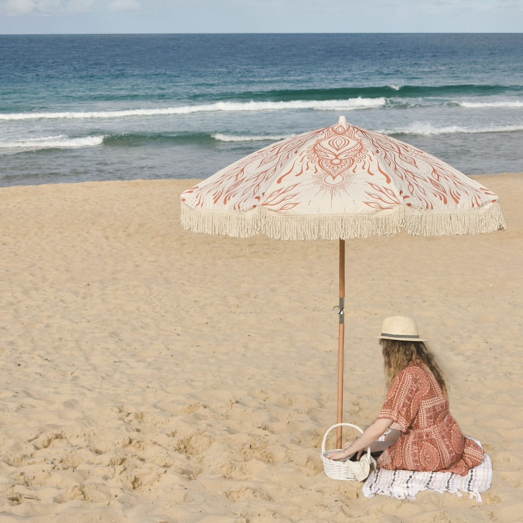 UPF50+ Premium Fringe Timber Beach Umbrella 200cm Sol - Umbrella Beach