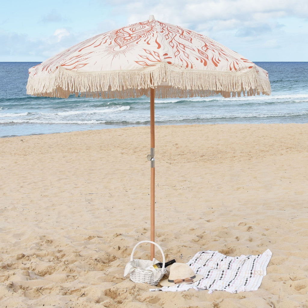 UPF50+ Premium Fringe Timber Beach Umbrella 200cm Sol - Umbrella Beach