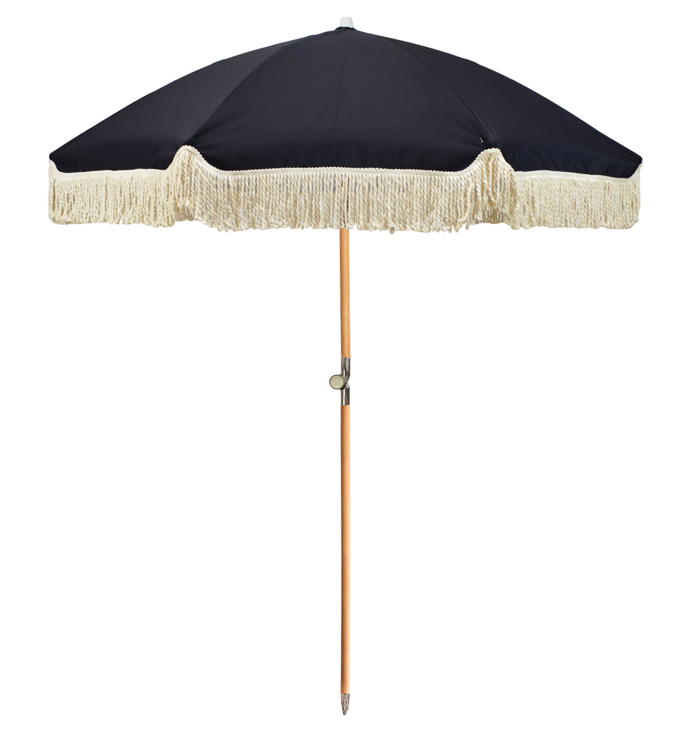 UPF50+ Premium Fringe Timber Beach Umbrella 200cm Nyx Black