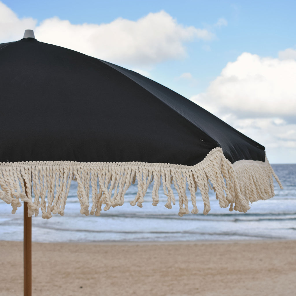 UPF50+ Premium Fringe Timber Beach Umbrella 200cm Nyx Black