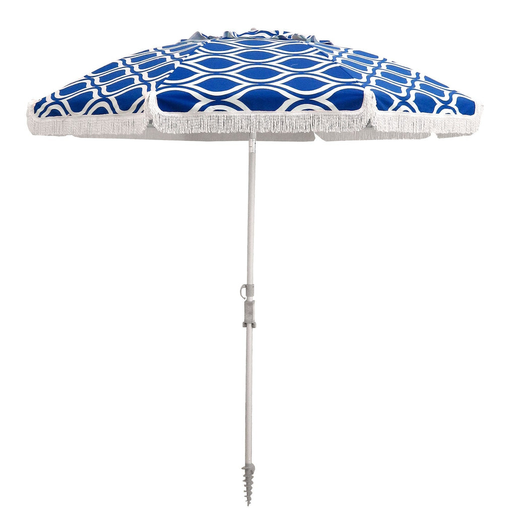 UPF50+ Fringe Beach 210cm Umbrella Moroccan Blue - Umbrella Beach