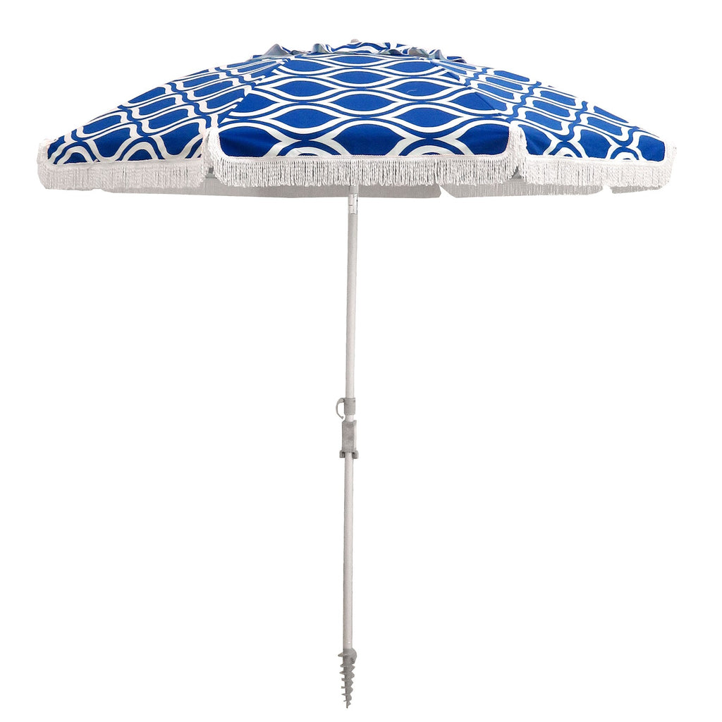 UPF50+ Fringe Beach 210cm Umbrella Moroccan Blue