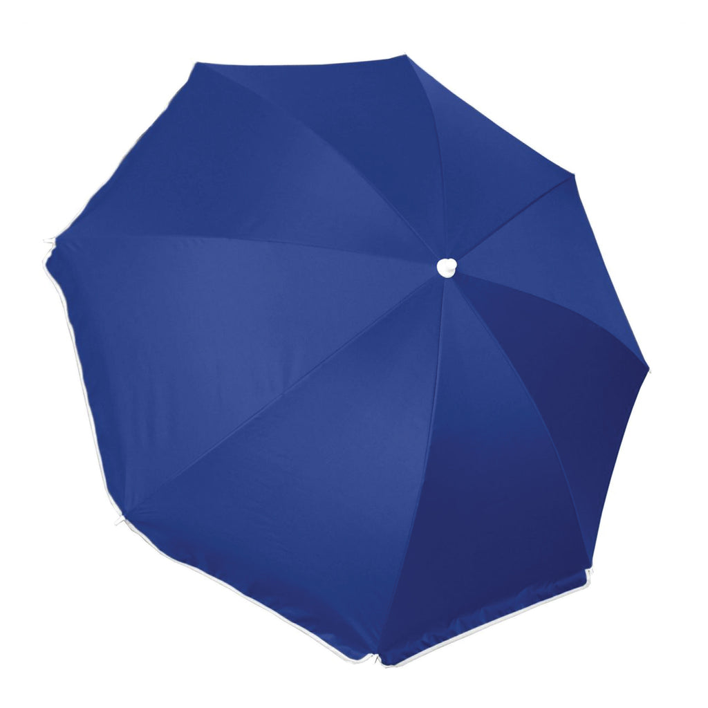 A topside image of the dark blue Navy Sunnie beach umbrella with eight ribs and a white trim around the edge.